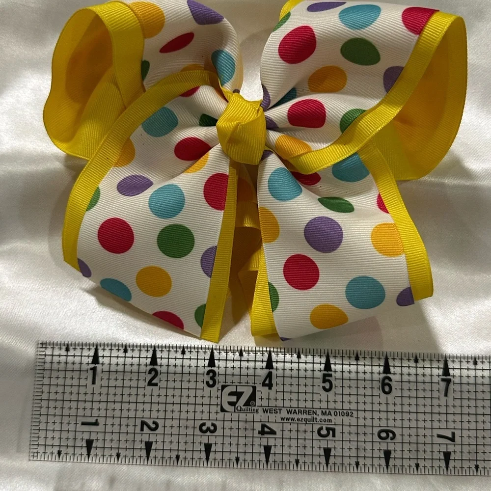 Mega Hair Bow. Colorful Polka Dot with Yellow Under Ribbon.